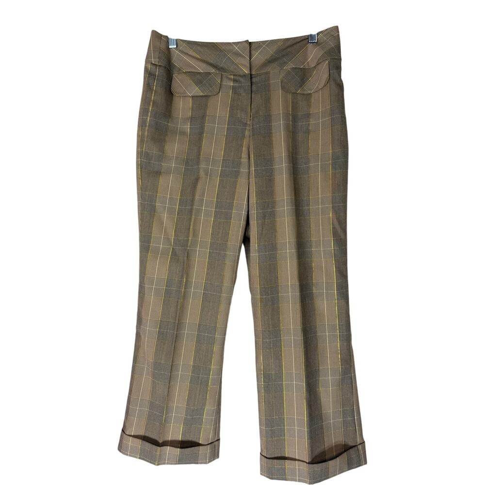Allen by Allen Schwartz Cream Brown Gold Plaid Wide Leg Lined Dress Pants Size 6